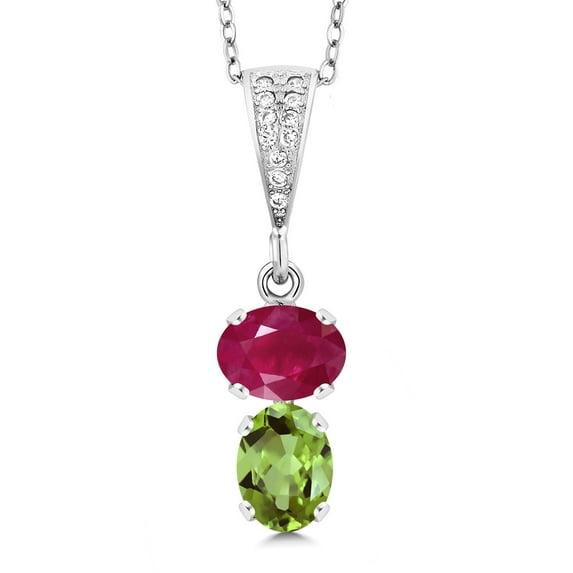Gem Stone King 925 Sterling Silver Red Ruby and Green Peridot Pendant Necklace for Women (3.09 Cttw, Gemstone July Birthstone, Oval 8x6MM, with 18 inch Chain)