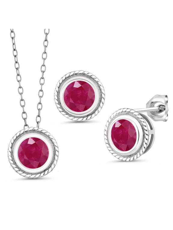 925 Sterling Silver Red Ruby Pendant Earrings Set for Women (3.00 Cttw, Gemstone July Birthstone, Round 6MM, With 18 inch Chain)