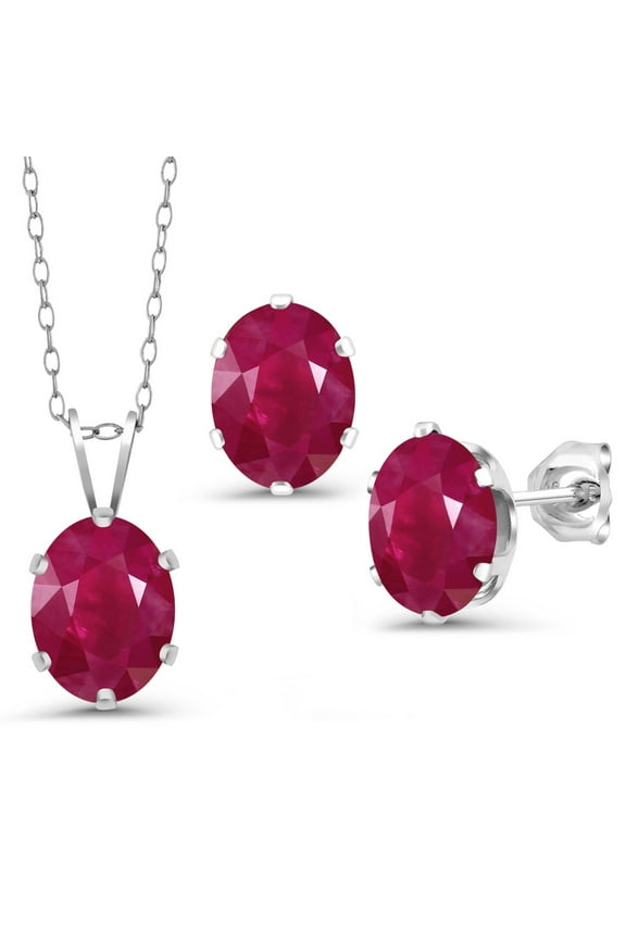 925 Sterling Silver Red Ruby Pendant Earrings Set for Women (4.80 Cttw, Gemstone July Birthstone, Oval 8X6MM, With 18 inch Chain)