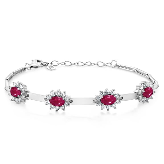 Gem Stone King 925 Sterling Silver Red Ruby and White Created Sapphire Bracelet for Women (4.00 Cttw, Gemstone July Birthstone, Oval 6X4MM, 7 inch + 1 inch Extender)