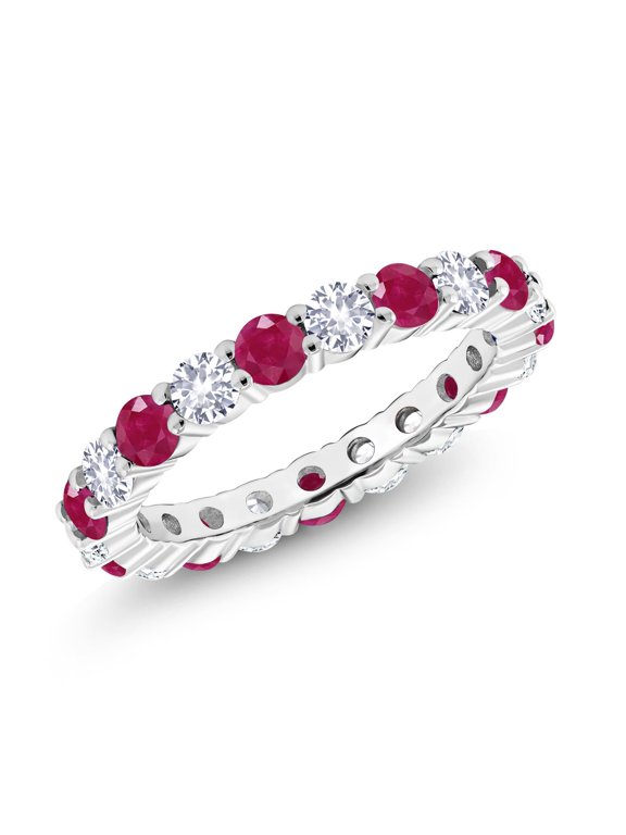 2.85 Cttw Red Ruby and White Created Sapphire Eternity Band Ring for Women | 925 Sterling Silver | Round 3MM | Gemstone Birthstone (Size 5)