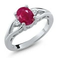 thumbnail image 1 of Gem Stone King 925 Sterling Silver Red Ruby and White Lab Grown Diamond 3 Stone Engagement Ring for Women | 1.68 Cttw | Oval 8X6MM | Round 2MM | Gemstone July Birthstone | Size 6, 1 of 4