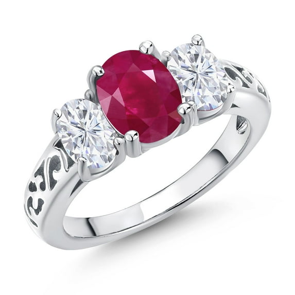 Gem Stone King 925 Sterling Silver Red Ruby and White Moissanite Filigree Style 3 Stone Ring for Women (2.60 Cttw, Oval 8X6MM and 6X4MM) (Size 5)