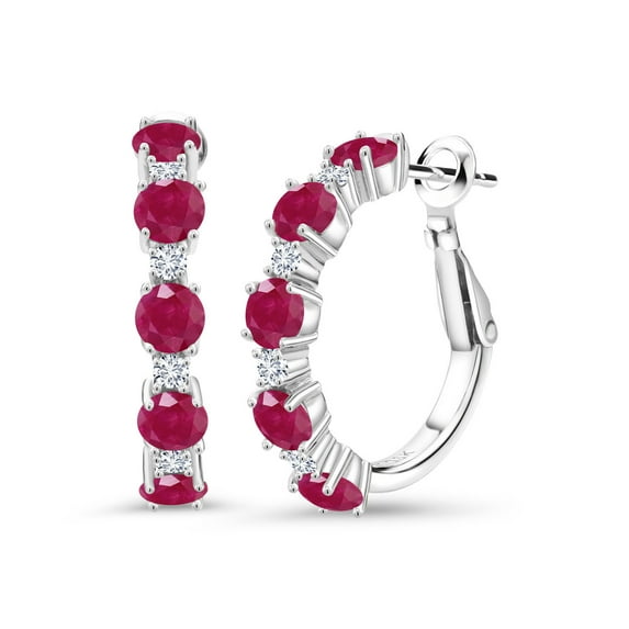Gem Stone King 925 Sterling Silver Red Ruby and White Moissanite Hoop Earrings for Women (3.80 Cttw, Round 4MM and 1.9MM, Gemstone Birthstone 1 inch Diameter)