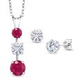 thumbnail image 1 of Gem Stone King 925 Sterling Silver Red Ruby and White Moissanite Pendant and Earrings Jewelry Set for Women (2.85 Cttw, Gemstone July Birthstone, with 18 inch Chain), 1 of 3