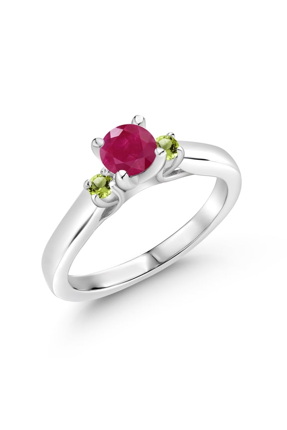 925 Sterling Silver Red Ruby and Green Peridot 3-Stone Engagement Ring for Women (0.69 Cttw, Gemstone July Birthstone, Size 5)