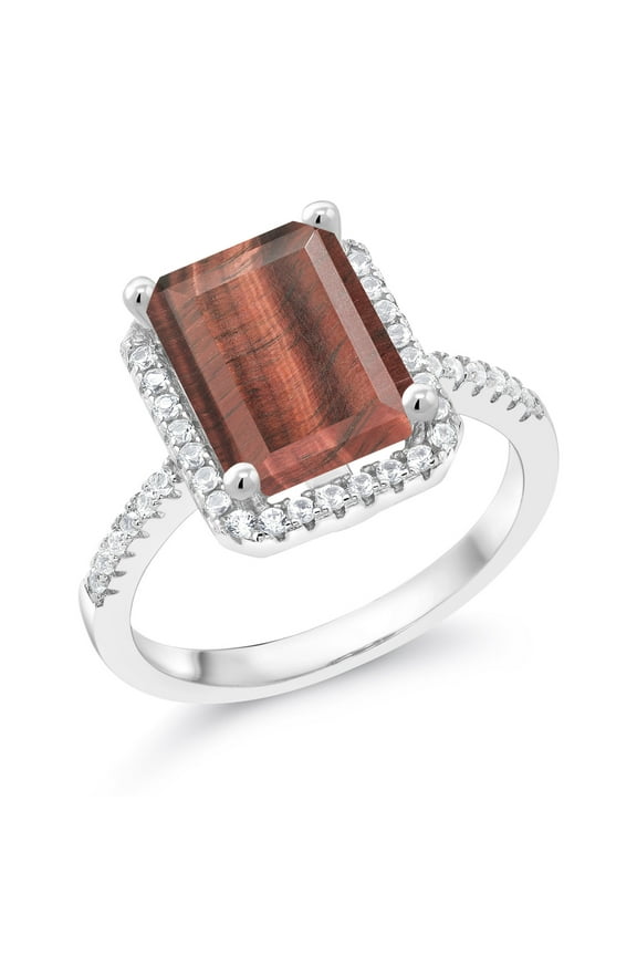 925 Sterling Silver Red Tiger Eye Engagement Ring for Women (3.36 Cttw, Emerald Cut 10X8MM, Gemstone Birthstone, Size 7)