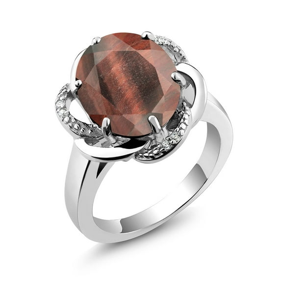 Gem Stone King 925 Sterling Silver Red Tiger Eye Engagement Ring for Women (4.07 Cttw, Gemstone Birthstone, Oval 12X10MM, Size 8)