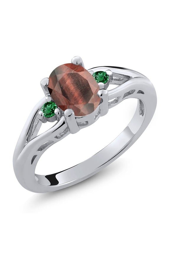 925 Sterling Silver Red Tiger Eye and Green Nano Emerald 3 Stone Engagement Ring for Women | 1.30 Cttw | Oval 8X6MM | Round 2MM | Gemstone Birthstone | Size 7