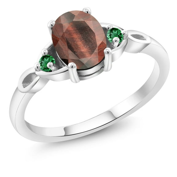 Gem Stone King 925 Sterling Silver Red Tiger Eye and Green Nano Emerald 3-Stone Rings for Women (1.30 Cttw, Gemstone, Oval 8X6MM, Size 9)