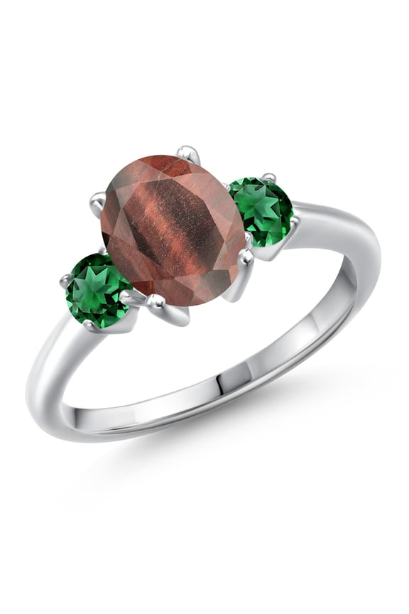 925 Sterling Silver Red Tiger Eye and Green Nano Emerald Engagement Ring for Women | 2.10 Cttw | Oval 9X7MM | Gemstone Birthstone | Size 6