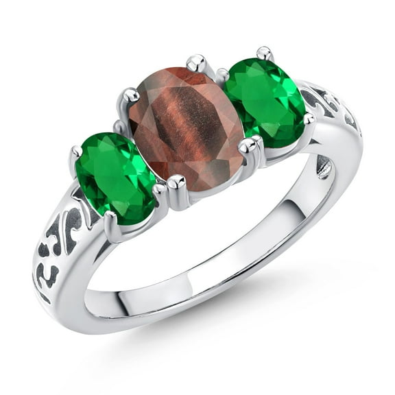 Gem Stone King 925 Sterling Silver Red Tiger Eye and Green Nano Emerald Filigree Style 3 Stone Ring for Women (2.05 Cttw, Oval 8X6MM and 6X4MM) (Size 7)