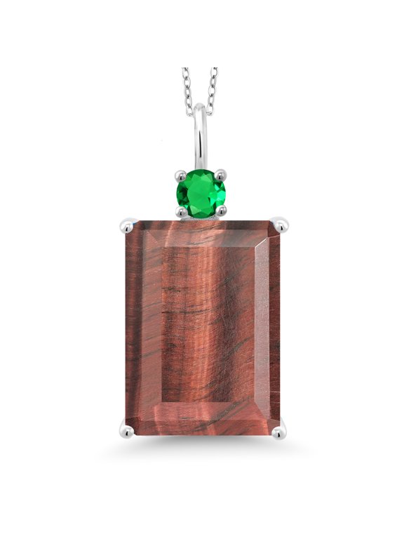 925 Sterling Silver Red Tiger Eye and Green Nano Emerald Pendant Necklace for Women (12.30 Cttw, Emerald Cut 18X13MM, With 18 inch Silver Chain)
