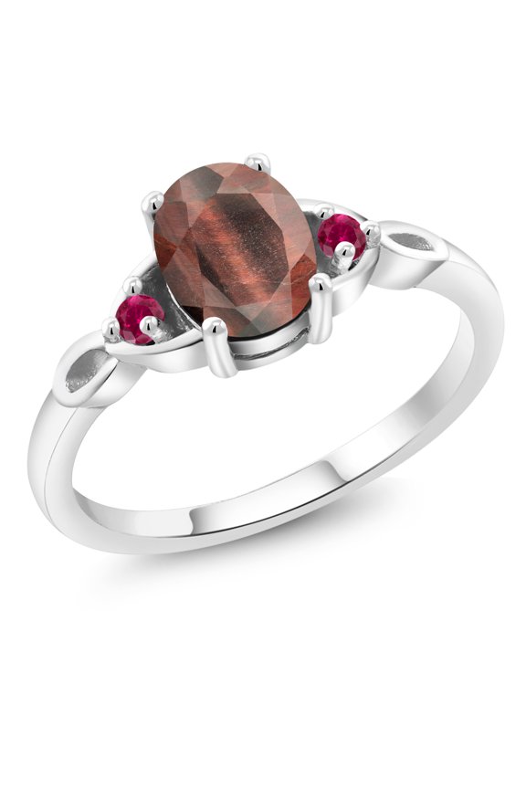 925 Sterling Silver Red Tiger Eye and Red Created Ruby 3-Stone Rings for Women (1.35 Cttw, Gemstone, Oval 8X6MM, Size 7)