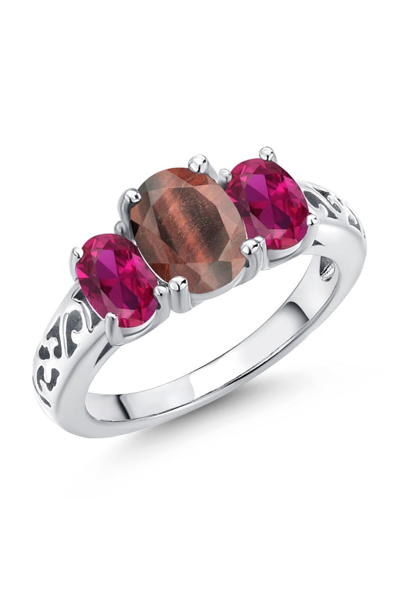 925 Sterling Silver Red Tiger Eye and Red Created Ruby Filigree Style 3 Stone Ring for Women (2.25 Cttw, Oval 8X6MM and 6X4MM) (Size 9)