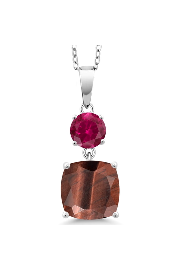 925 Sterling Silver Red Tiger Eye and Red Created Ruby Pendant Necklace for Women (4.50 Cttw, Gemstone Birthstone, Cushion 10MM, Round 6MM)