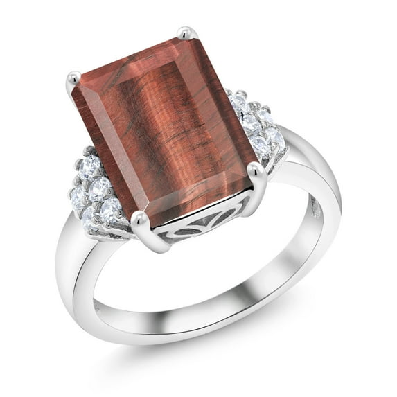 Gem Stone King 925 Sterling Silver Red Tiger Eye Ring for Women (6.80 Cttw, Gemstone Birthstone, Emerald Cut 14X10MM, Available in Size 5, 6, 7, 8, 9)