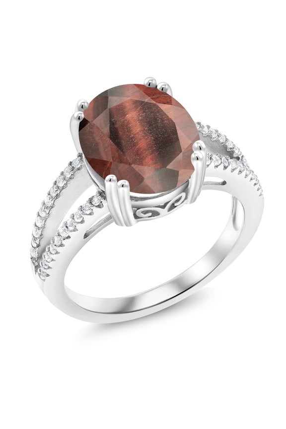 925 Sterling Silver Red Tiger Eye Ring for Women (4.48 Cttw, Oval 12X10MM, Gemstone Birthstone, Available in Size 5, 6, 7, 8, 9)