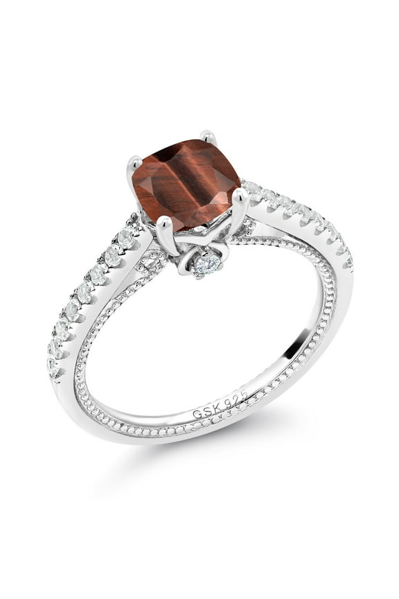 925 Sterling Silver Red Tiger Eye and White Created Sapphire Engagement Ring for Women (1.27 Cttw, Cushion 6MM, Gemstone Birthstone, Available in Size 5, 6, 7, 8, 9)
