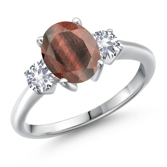 Gem Stone King 925 Sterling Silver Red Tiger Eye and White Created Sapphire Engagement Ring for Women | 2.00 Cttw | Oval 9X7MM | Gemstone Birthstone | Size 9