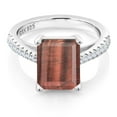 thumbnail image 1 of Gem Stone King 925 Sterling Silver Red Tiger Eye and White Created Sapphire Women Ring (3.26 Cttw Emerald Cut 10X8MM, Available in Size 5, 6, 7, 8, 9), 1 of 6