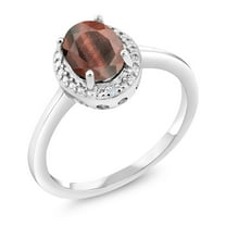 Gem Stone King 925 Sterling Silver Red Tiger Eye and White Diamond Engagement Ring for Women (1.26 Cttw, Gemstone Birthstone, Oval 8X6MM, Available in Size 5, 6, 7, 8, 9)