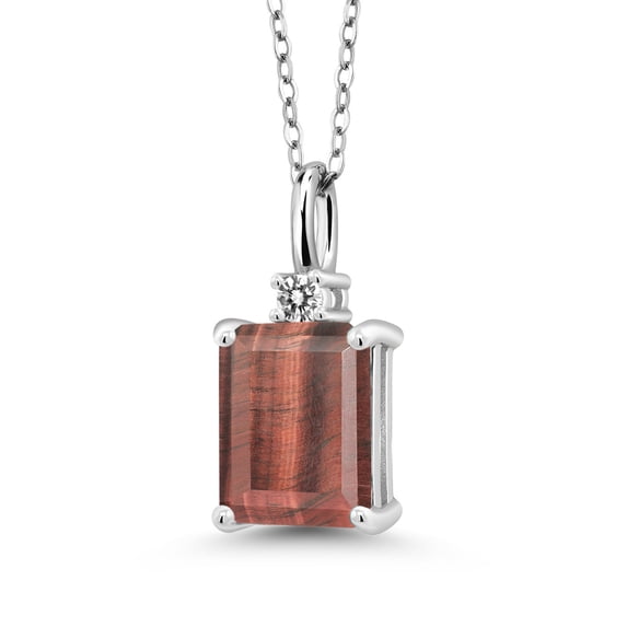 Gem Stone King 925 Sterling Silver Red Tiger Eye and White Diamond Pendant Necklace for Women | 2.03 Cttw | Gemstone Birthstone | Emerald Cut 9X7MM | With 18 inch Silver Chain