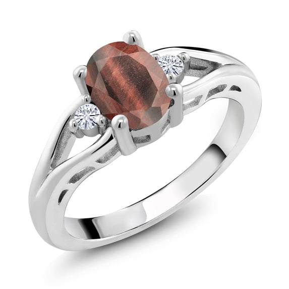 Gem Stone King 925 Sterling Silver Red Tiger Eye and White Moissanite 3 Stone Engagement Ring for Women | 1.33 Cttw | Oval 8X6MM | Round 2MM | Gemstone Birthstone | Size 7