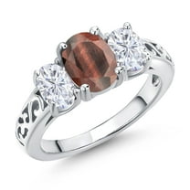 Gem Stone King 925 Sterling Silver Red Tiger Eye and White Moissanite Filigree Style 3 Stone Ring for Women (2.25 Cttw, Oval 8X6MM and 6X4MM) (Size 5)