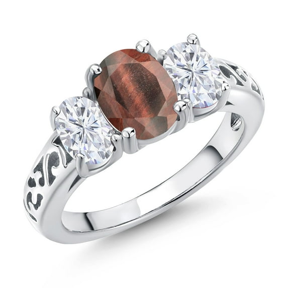 Gem Stone King 925 Sterling Silver Red Tiger Eye and White Moissanite Filigree Style 3 Stone Ring for Women (2.25 Cttw, Oval 8X6MM and 6X4MM) (Size 9)