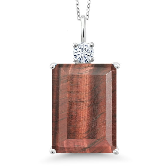 Gem Stone King 925 Sterling Silver Red Tiger Eye and White Moissanite Pendant Necklace for Women (12.23 Cttw, Emerald Cut 18X13MM, With 18 inch Silver Chain)