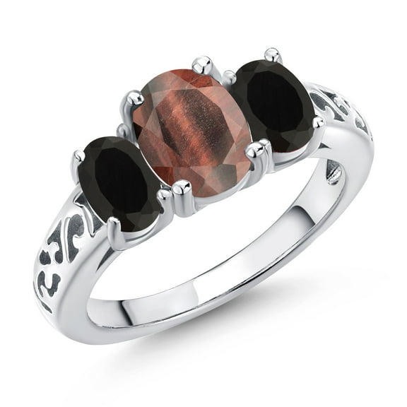 Gem Stone King 925 Sterling Silver Red Tiger Eye and Black Onyx Filigree Style 3 Stone Ring for Women (2.05 Cttw, Oval 8X6MM and 6X4MM, Size 9) (Size 9)