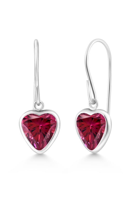 925 Sterling Silver Red Zirconia French Wire Dangle Hook Earrings for Women (1.48 Cttw, Gemstone Birthstone, Heart Shape 6MM)