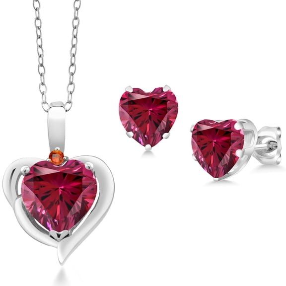 Gem Stone King 925 Sterling Silver Red Zirconia and Orange Sapphire Pendant Necklace Earrings Set for Women (3.21 Cttw, Heart Shape 8MM and 6MM, with 18 inch Chain)