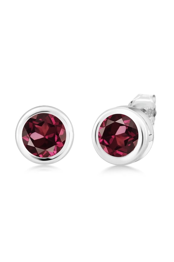 925 Sterling Silver Rhodolite Garnet Bezel Stud Earrings for Women Men (2.00 Cttw, Gemstone Birthstone, Round 6MM)