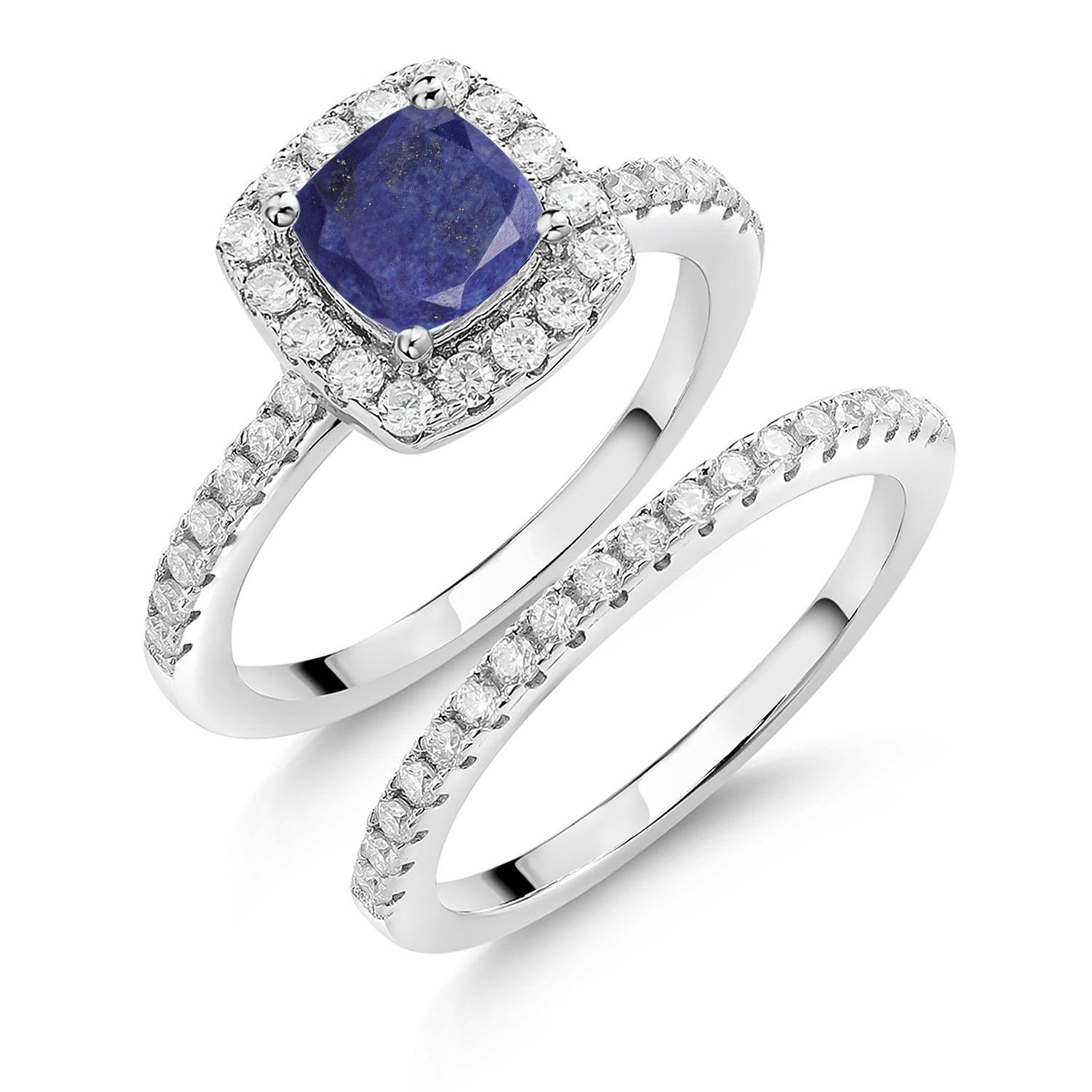 Gem Stone King 925 Sterling Silver Ring 1.52 Cttw 6mm Cushion Lapis and Moissanite