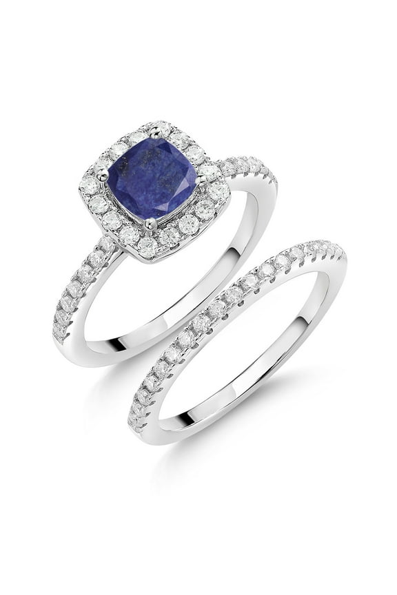 925 Sterling Silver Ring 1.52 Cttw 6mm Cushion Lapis and Moissanite