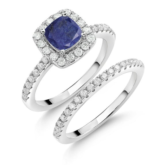 Gem Stone King 925 Sterling Silver Ring 1.52 Cttw 6mm Cushion Lapis and Moissanite