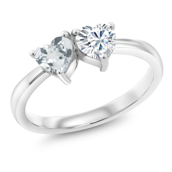 Gem Stone King 925 Sterling Silver Ring Heart Shape Sky Blue Aquamarine and Moissanite (0.84 Cttw, Size 8)
