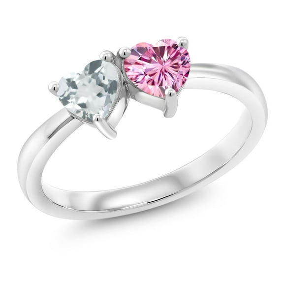 Gem Stone King 925 Sterling Silver Ring Heart Shape Sky Blue Aquamarine and Vivid Pink Moissanite (0.92 Cttw, Size 8)