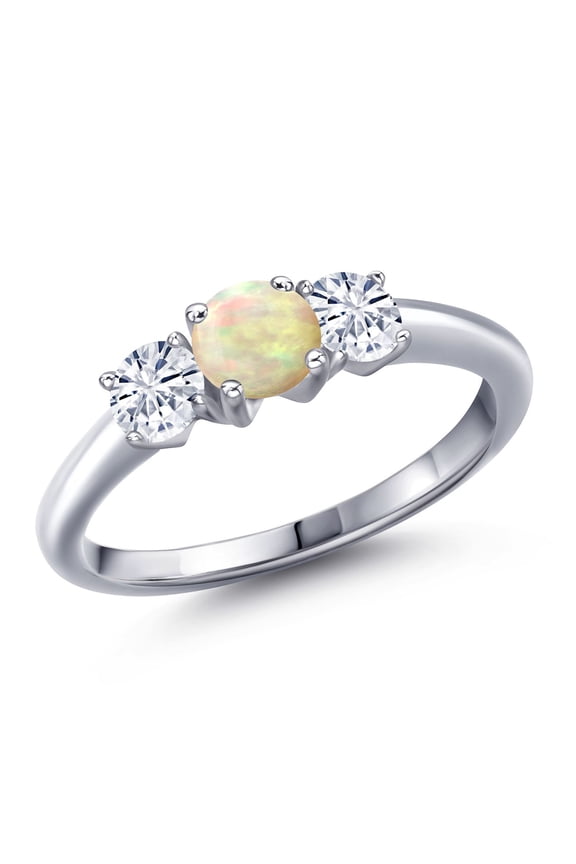 925 Sterling Silver White Ethiopian Opal and White Moissanite Engagement Ring for Women | 0.76 Cttw | Round Cabochon 5MM | Gemstone October Birthstone | Size 8
