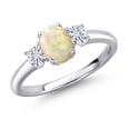thumbnail image 1 of Gem Stone King 925 Sterling Silver White Ethiopian Opal and White Moissanite Engagement Ring for Women | 0.83 Cttw | Oval Cabochon 7X5MM | Gemstone October Birthstone | Size 8, 1 of 7