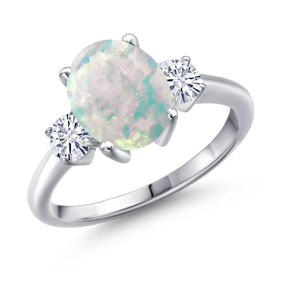 Gem Stone King 925 Sterling Silver Ring Cabochon Simulated Opal Moissanite (2.16 Cttw)