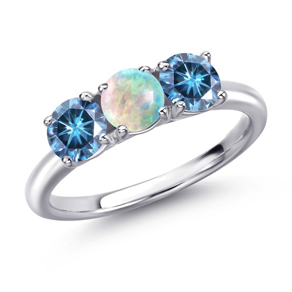 Gem Stone King 925 Sterling Silver Simulated White Opal and Persian Blue Moissanite Engagement Ring for Women | 1.50 Cttw | Round Cabochon 5MM | Gemstone October Birthstone | Size 7