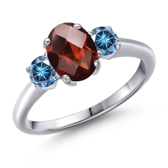 Gem Stone King 925 Sterling Silver Ring Oval/Checkerboard Red Garnet and Vivid Persian Blue Moissanite (1.99 Cttw, Size 7)