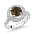 thumbnail image 1 of Gem Stone King 925 Sterling Silver Ring Round/Checkerboard Brown Smoky Quartz and Moissanite (2.47 Cttw, Size 7), 1 of 3