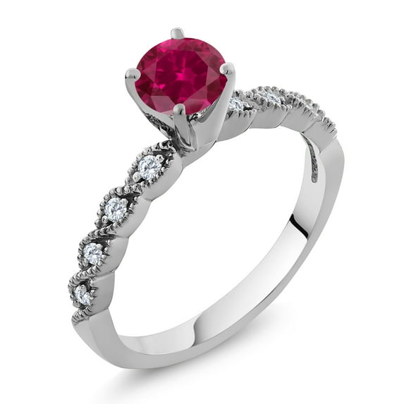 Gem Stone King 925 Sterling Silver Ring Round Red Created Ruby and Moissanite (1.12 Cttw, Size 6)