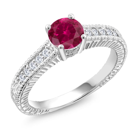 Gem Stone King 925 Sterling Silver Ring Round Red Created Ruby and Moissanite (1.15 Cttw, Size 9)