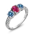 thumbnail image 1 of Gem Stone King 925 Sterling Silver 3-Stone Ring Oval Red Created Ruby and Vivid Persian Blue Moissanite (1.97 Cttw, Size 9), 1 of 4
