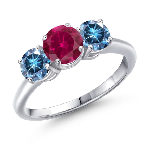 Gem Stone King 925 Sterling Silver Red Created Ruby and Persian Blue Moissanite Engagement Ring for Women | 2.00 Cttw | Round 6MM | Gemstone July Birthstone | Size 7